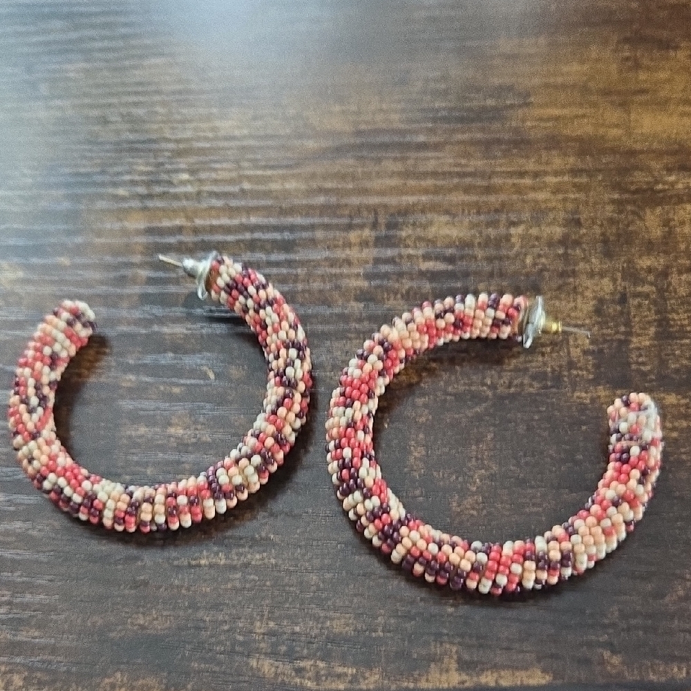 Beaded Hoop Earrings - Pink and Cream